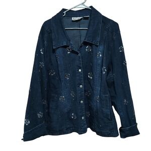 Flashback Womens 2X Denim Jacket Indigo Blue Beaded Floral Sequin Stretch Cotton
